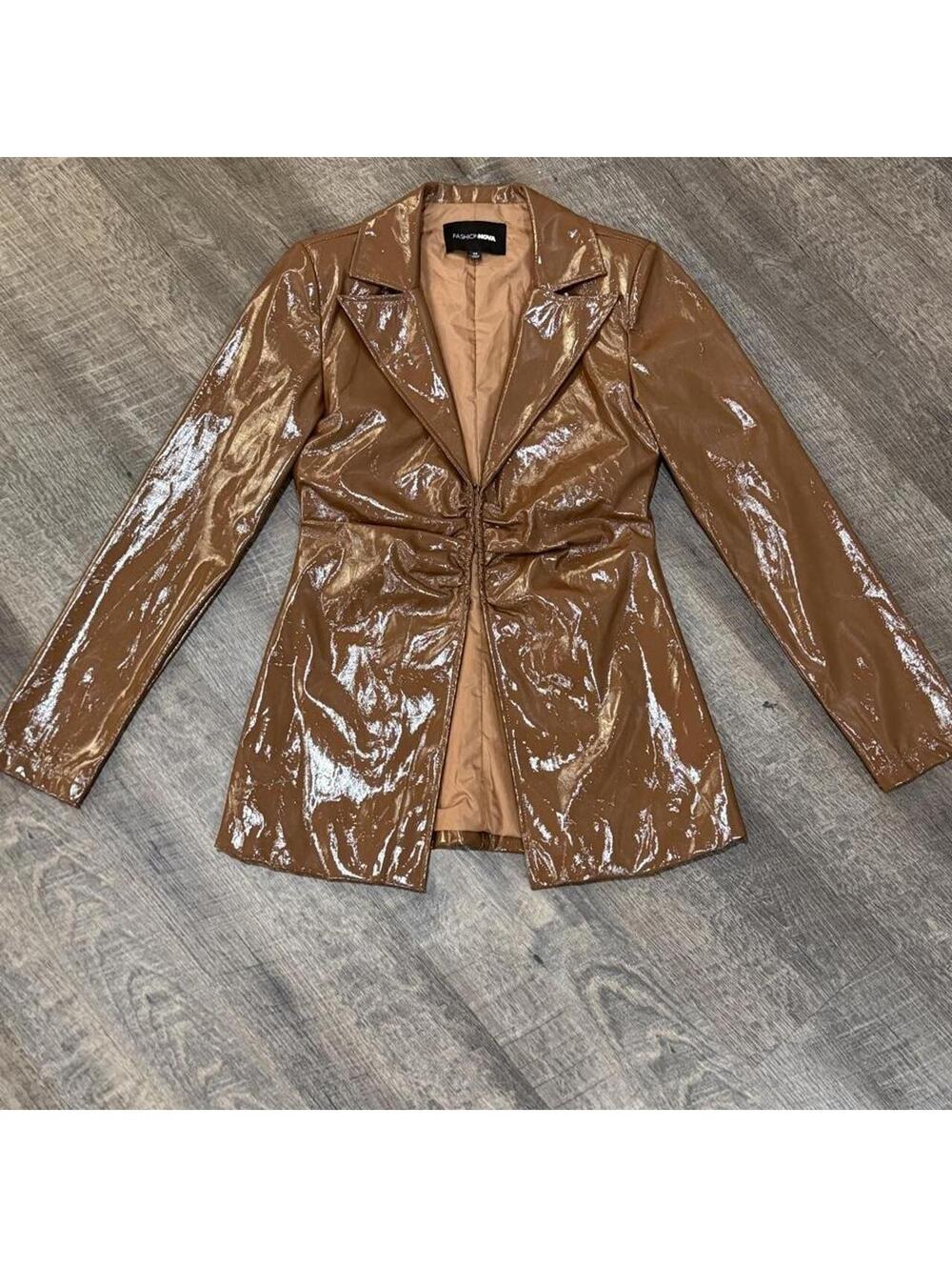 Fashion Nova Glossy Brown Faux Leather Blazer